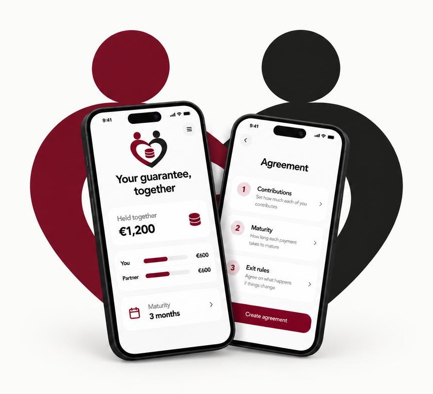 Two phones showing a CoupleWise guarantee agreement in front of the CoupleWise partners